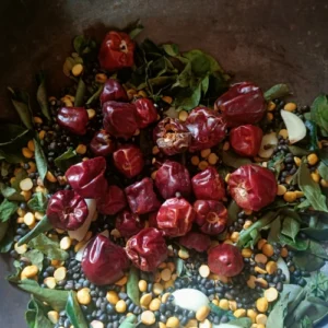 Adding red chillies and curry leaves to the idli podi mixture